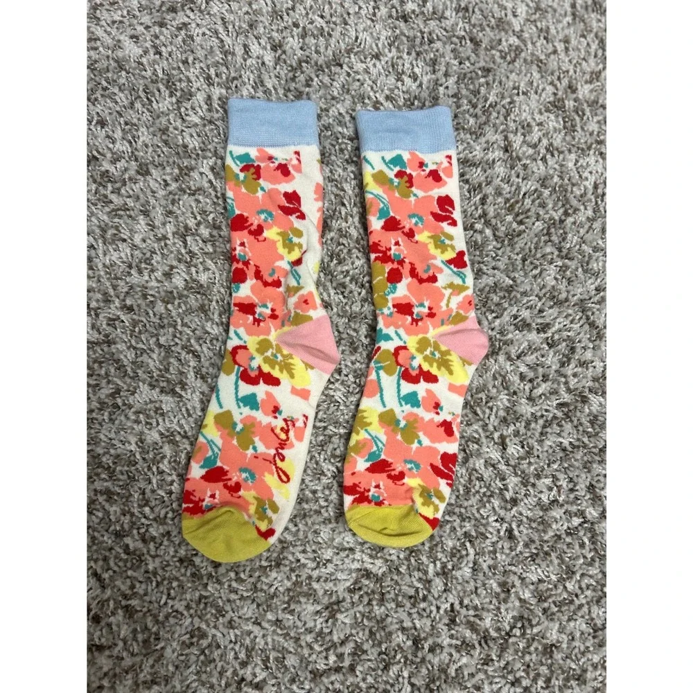 Joules Womens Floral Crew Socks Multi Color Pink Yellow Blue Botanical Print